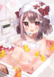 Rule 34 | 1girl, :d, absurdres, bathtub, blush, bow, brown hair, commentary request, cup, double bun, drink, flower, hair bun, highres, ice, ice cube, indie virtual youtuber, indoors, innertube, knees up, long hair, looking at viewer, multicolored hair, naked towel, noi mine, official art, open mouth, partially submerged, petals, petals on liquid, pink hair, rabbit, red bow, red eyes, red flower, rubber duck, sidelocks, smile, solo, streaked hair, swim ring, towel, towel on head, uchamochi mochi, virtual youtuber