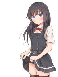 Rule 34 | 1girl, alternate sleeve length, asashio (kancolle), belt, black hair, black thighhighs, blue eyes, comiching, commentary request, cowboy shot, dress, dress shirt, highres, kantai collection, long hair, looking at viewer, pinafore dress, romaji commentary, shirt, short sleeves, simple background, sleeveless, sleeveless dress, smile, solo, thighhighs, translation request, white background, white shirt