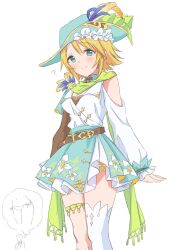 Rule 34 | 1girl, ?, asymmetrical sleeves, bare shoulders, belt, blonde hair, blue hat, blush, breasts, brown belt, chibi, cleavage, closed mouth, clothing cutout, dot nose, dress, green eyes, green scarf, hat, hat feather, highres, idolmaster, idolmaster cinderella girls, idolmaster cinderella girls starlight stage, large breasts, long sleeves, looking at viewer, p-head producer, panties, producer (idolmaster), scarf, short hair, shoulder cutout, simple background, single thighhigh, smile, solo, thigh strap, thighhighs, thought bubble, toreso, umeki otoha, underwear, white background, white dress, white thighhighs