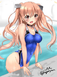 Rule 34 | 1girl, breasts, brown eyes, cleavage, commentary request, competition swimsuit, covered navel, highleg, highleg swimsuit, highres, johnston (kancolle), kantai collection, kuga zankurou, light brown hair, long hair, medium breasts, one-piece swimsuit, pool, poolside, solo, swimsuit, two side up, wet, wet clothes, wet swimsuit