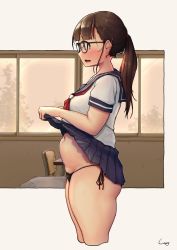 Rule 34 | 1girl, belly, bikini, bikini under clothes, black bikini, blush, breasts, brown eyes, brown hair, chair, character request, commentary request, copyright request, desk, female pubic hair, from side, furrowed brow, glasses, hair ornament, hairclip, highres, indoors, jimiko, long hair, medium breasts, navel, open mouth, outside border, pleated skirt, plump, profile, pubic hair, pubic hair peek, sailor collar, shadow, shigekikkusu, side-tie bikini bottom, sidelocks, sideways mouth, signature, skirt, solo, straight hair, swimsuit, tareme, thick thighs, thighs, tree, white background, window