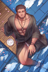 Rule 34 | 1boy, abs, bandages, bara, belt, biceps, bracelet, brown hair, cloud, dark-skinned male, dark skin, dungeon and fighter, facial hair, fundoshi, highres, japanese clothes, jewelry, kimono, kulolin, looking at viewer, looking up, male focus, male underwear, manly, mature male, muscular, muscular male, necklace, nipples, pectorals, petals, plate, red eyes, reflection, scar, scar on face, serious, sitting, sky, solo, spiked hair, stubble, thighs, topless male, underwear, water, wooden floor, yukata