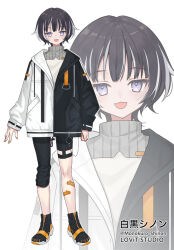 Rule 34 | :d, asymmetrical pants, black footwear, black hair, black jacket, black pants, blue eyes, character request, commentary request, fang, grey hair, grey sweater, iriam, jacket, long sleeves, looking at viewer, miyoshino, multicolored clothes, multicolored hair, multicolored jacket, nail polish, official art, open mouth, orange nails, pants, puffy long sleeves, puffy sleeves, ribbed sweater, shoes, simple background, sleeves past wrists, smile, standing, streaked hair, sweater, turtleneck, turtleneck sweater, two-tone jacket, virtual youtuber, white background, white jacket, zoom layer