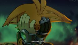 Rule 34 | 1boy, animal ears, artist name, close-up, commentary, crying, english commentary, english text, furry, furry male, gloves, highres, luciacas tillo, male focus, nine (sonic), orange fur, sonic (series), spanish commentary, tails (sonic), teeth