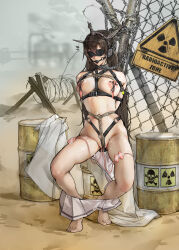 Rule 34 | 1girl, absurdres, arms behind back, ball gag, bdsm, black blindfold, black hair, blindfold, blush, bondage, bound, bound arms, breast bondage, breasts, chain, chain-link fence, covered eyes, crotch rope, drum (container), fence, gag, gagged, gdhs, hair between eyes, headgear, highres, kantai collection, large breasts, long hair, miniskirt, nagato (kancolle), nipple piercing, nipples, nude, outdoors, piercing, pleated skirt, radiation symbol, restrained, rope, shibari, shibari over clothes, skirt, skirt around ankles, white skirt