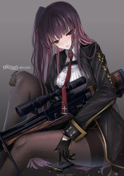Rule 34 | 1girl, artist name, bipod, blush, breasts, bullpup, dated, girls&#039; frontline, gloves, graphite (medium), grey background, gun, haguruma c, highres, large breasts, long hair, magazine (weapon), necktie, pantyhose, purple hair, red eyes, rifle, scope, side ponytail, sniper rifle, solo, thighband pantyhose, thighs, traditional media, very long hair, wa2000 (girls&#039; frontline), walther, walther wa 2000, weapon