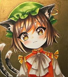Rule 34 | 1girl, :3, animal ear fluff, animal ear piercing, animal ears, arm at side, blush, bow, bowtie, brown background, brown eyes, brown hair, cat ears, cat tail, chen, closed mouth, commentary request, earrings, flat chest, frills, gold trim, hat, head tilt, highres, jewelry, looking at viewer, mob cap, multiple tails, nekomata, red vest, short hair, sidelighting, simple background, single earring, solo, swept bangs, tail, tatuhiro, touhou, two tails, vest, white bow, white bowtie