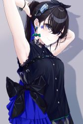 Rule 34 | 1girl, armpits, arms up, black hair, blue hair, blush, breasts, closed mouth, earrings, grey eyes, hair between eyes, highres, jewelry, long hair, looking at viewer, medium breasts, multicolored hair, original, osabe tom, ponytail, smile, solo