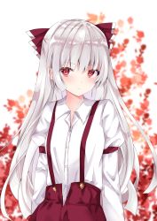 Rule 34 | 1girl, bad id, bad pixiv id, blush, bow, commentary request, fujiwara no mokou, grey hair, hair bow, highres, juliet sleeves, long hair, long sleeves, looking at viewer, nanase nao, pants, puffy sleeves, red bow, red eyes, red pants, shirt, solo, suspenders, touhou, upper body, white background, white shirt