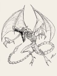 1boy 2019 alien claw_pose claws commentary dragon dragon_wings english_commentary fangs floating full_body hamberry_art highres male_focus metroid monochrome monster navel nintendo no_pupils open_mouth ridley sharp_teeth signature solo spikes spread_fingers tail teeth tongue white_background wings