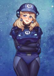 Rule 34 | 1girl, alternate costume, armor, blonde hair, blue eyes, blue hat, blush, bodysuit, breastplate, breasts, cowboy shot, earrings, fire emblem, fire emblem: three houses, fire emblem warriors: three hopes, hat, hiomaika, jewelry, large breasts, long hair, looking to the side, mercedes von martritz, nintendo, official alternate hairstyle, pink lips, smile, solo, standing, thighs
