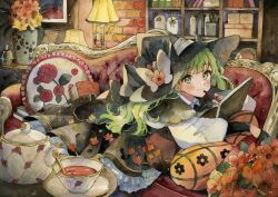 Rule 34 | 1girl, arm rest, back bow, black bow, black capelet, black gloves, black hat, black skirt, body pillow, book, bookshelf, bottle, bow, box, brick wall, capelet, collared shirt, couch, cup, floral print, flower, frilled pillow, frills, gloves, green hair, hat, hat flower, hat ornament, highres, holding, holding paintbrush, indoors, jar, knot, lamp, layered skirt, light smile, long hair, looking at viewer, lying, mirror, on couch, on stomach, original, paintbrush, painting (medium), painting (object), picture frame, pillow, puffy sleeves, shirt, sketchbook, skirt, solo, tag, tea, teacup, teapot, teaspoon, traditional media, vase, watercolor (medium), white shirt, witch, witch hat, yellow eyes, yuyuharu 1027