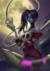 Rule 34 | 1boy, 1girl, bare shoulders, blue hair, blue skin, breasts, colored skin, detached collar, detached sleeves, gradient background, graveyard, hair over one eye, highres, leviathan (skullgirls), long neck, moon, red eyes, side ponytail, skirt, skull, skullgirls, sm-a, squigly (skullgirls), stitched mouth, stitches, striped, striped sleeves, tombstone, zombie