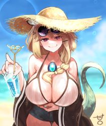 Rule 34 | 1girl, animal ears, aqua nails, arknights, bare shoulders, beach, bikini, black jacket, blue nails, blue shorts, blurry, blurry background, braid, breasts, brown hat, chocolatice, cleavage, closed mouth, commentary request, cowboy shot, cup, drinking glass, drinking straw, fang, female focus, hair ornament, hair over shoulder, hairclip, hat, highres, holding, holding cup, huge breasts, jacket, jewelry, light brown hair, long hair, looking at viewer, multi-strapped bikini, nail polish, necklace, off shoulder, official alternate costume, open clothes, open jacket, partial commentary, purple eyes, shorts, single braid, skin fang, smile, solo, straw hat, string bikini, striped bikini, striped clothes, swimsuit, swimsuit cover-up, tail, utage (arknights), utage (summer flowers) (arknights), vertical-striped bikini, vertical-striped clothes, white bikini, x hair ornament