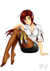 Rule 34 | 1girl, arm support, breasts, brown hair, cleavage, feet, green eyes, hairband, highres, holding, holding shoes, long hair, looking at viewer, makinami mari illustrious, nail polish, neon genesis evangelion, no shoes, office lady, open clothes, open shirt, pantyhose, shirt, shoes, unworn shoes, sitting, smile, toes, twintails
