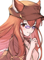 Rule 34 | 1girl, animal ears, anthuria, blush, breasts, erune, finger to mouth, granblue fantasy, hat, highres, koretsuki azuma, long hair, medium breasts, red eyes, red hair, smile, solo, sunglasses, upper body, very long hair