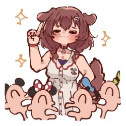 Rule 34 | :3, = =, animal collar, animal ears, bare arms, blush, blush stickers, bone hair ornament, braid, breasts, brown eyes, brown hair, buttons, chibi, collar, dog ears, dog girl, dog tail, donald duck sailor hat, double-parted bangs, dress, empire waist, extra ears, hair between eyes, hair ornament, hairclip, highres, hololive, index finger raised, inugami korone, inugami korone (1st costume), large breasts, listener (inugami korone), long hair, low twin braids, low twintails, mickey mouse ears, minnie mouse ears, red collar, sleeveless, sleeveless dress, tail, twin braids, twintails, virtual youtuber, whcamellia00, white dress