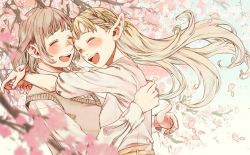 Rule 34 | 2girls, blonde hair, blush, brown hair, cherry blossoms, closed eyes, dungeon meshi, elf, falin touden, falin touden (tallman), highres, hug, marcille donato, multiple girls, open mouth, pointy ears, shako (shaco flat), smile, sweater vest, yuri
