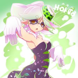 Rule 34 | + +, 1girl, :o, arm up, armpits, bare shoulders, black dress, bow, breasts, cleavage, commentary request, detached collar, dress, earrings, eyebrows, fang, food, food on head, gloves, hair bow, hat, ikkyuu, inkling, jewelry, looking at viewer, marie (splatoon), mole, mole under eye, nintendo, object on head, open mouth, orange eyes, pointy ears, short hair, silver hair, solo, splatoon (series), splatoon 1, strapless, symbol-shaped pupils, tentacle hair, tentacles, thick eyebrows, white gloves