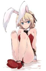 Rule 34 | 10s, 1girl, animal ears, ankle ribbon, arm support, bare legs, bare shoulders, blonde hair, blue eyes, blush, body blush, bow, bowtie, braid, breasts, collarbone, darjeeling (girls und panzer), detached collar, fake animal ears, girls und panzer, hair between eyes, hair ornament, hairband, hand on own knee, leg ribbon, legs, leotard, looking at viewer, mary janes, medium breasts, playboy bunny, rabbit ears, red footwear, red leotard, ribbon, shoes, short hair, simple background, sitting, smile, solo, thighs, twin braids, white background, wrist cuffs, yumesato makura