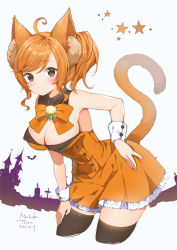 Rule 34 | 1girl, ahoge, animal ear fluff, animal ears, artist name, bat (animal), black collar, black eyes, black thighhighs, bow, bowtie, breasts, brooch, building, closed mouth, collar, commentary, cropped legs, dated, detached collar, dress, final fantasy, final fantasy xiv, frilled dress, frills, graveyard, hand on own thigh, highres, jewelry, leaning forward, light frown, looking at viewer, medium breasts, mochiko tsuru, orange bow, orange bowtie, orange dress, orange hair, short dress, short hair, signature, solo, standing, star (symbol), strapless, strapless dress, swept bangs, tail, thighhighs, warrior of light (ff14), white background, wrist cuffs