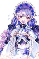 Rule 34 | 1girl, animal print, blue kimono, blush, bonnet, braid, butterfly print, embarrassed, gloves, gradient hair, grey hair, hololive, hololive english, japanese clothes, jewel under eye, kimono, koseki bijou, koseki bijou (new year), lace, lace-trimmed gloves, lace trim, long hair, looking at viewer, multicolored hair, official alternate costume, pacifier, purple eyes, purple hair, purple headwear, solo, sowon, twin braids, virtual youtuber, white background