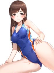 Rule 34 | 10s, 1girl, blush, breasts, brown eyes, brown hair, competition swimsuit, idolmaster, idolmaster cinderella girls, idolmaster cinderella girls starlight stage, kfr, long hair, looking at viewer, nitta minami, one-piece swimsuit, smile, solo, swimsuit