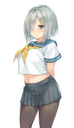 Rule 34 | 1girl, arms behind back, blue eyes, blush, breasts, commentary request, expressionless, fumikiri, grey skirt, hair ornament, hair over one eye, hairclip, hamakaze (kancolle), high-waist skirt, highres, hip focus, kantai collection, large breasts, looking at viewer, midriff, navel, neckerchief, pantyhose, pleated skirt, school uniform, serafuku, shirt, short hair, short sleeves, silver hair, simple background, skirt, solo, thighs, white background, white shirt, yellow neckerchief