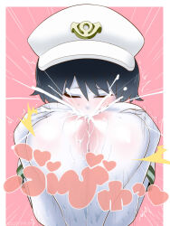 Rule 34 | 1girl, 2023, anchor symbol, black hair, blush, breast sucking, breasts, breasts out, breasts squeezed together, closed eyes, clothes lift, cookie (touhou), dated, grabbing own breast, hat, highres, huge breasts, itini-sanshi, lactation, milk (cookie), motion lines, murasa minamitsu, nipples, pale skin, pink background, projectile lactation, self breast sucking, shirt lift, short sleeves, simple background, steam, sweat, touhou, white headwear