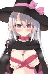 Rule 34 | 1girl, :t, absurdres, aroused, ayachi nene, belt, belt bra, belt collar, black cloak, black hat, blush, bow, breast hold, breasts, cleavage, cloak, closed mouth, collar, commentary, fidgeting, fingernails, flying sweatdrops, furrowed brow, grabbing own breast, grey hair, hair between eyes, hat, hat bow, heart, highres, large breasts, long hair, looking at viewer, pink belt, pink bow, pout, purple eyes, purunyara, sanoba witch, shy, simple background, skindentation, solo, straight-on, straight hair, striped bow, sweatdrop, translated, tsurime, upper body, white background, witch, witch hat