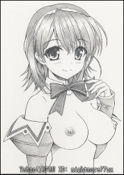 Rule 34 | 1girl, blush, bow, breasts, greyscale, hasegawa akemi, looking at viewer, medium breasts, monochrome, nightmare77zx, nipples, pia carrot (series), smile, solo, traditional media