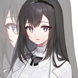 Rule 34 | 1girl, arknights, black bow, black hairband, bow, brown eyes, brown hair, commentary request, hairband, jacket, long hair, long wuxian, looking at viewer, open clothes, open jacket, parted lips, priestess (arknights), shirt, solo, turtleneck, upper body, white background, white jacket, white shirt