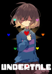 Rule 34 | 1other, ahoge, arm at side, black background, blue sweater, brown hair, brown shorts, child, closed eyes, closed mouth, copyright name, crossed bangs, facing viewer, frisk (undertale), hair between eyes, hand on own chest, heart, highres, light smile, long sleeves, medium hair, nikorashi-ka, purple sweater, shorts, solo, striped clothes, striped sweater, sweater, turtleneck, turtleneck sweater, undertale