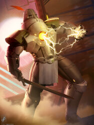 Rule 34 | 1boy, absurdres, alternate costume, alternate universe, armor, armored boots, boots, dark souls (series), dark souls i, dutch angle, electricity, full armor, glowing, hat feather, helm, helmet, highres, holding, holding sword, holding weapon, science fiction, signature, solaire of astora, solo, sword, themaestronoob, weapon
