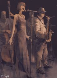 Rule 34 | 1girl, 3boys, absurdres, armpits, band, black background, blunt bangs, blurry, bob cut, bowler hat, closed eyes, collarbone, commentary, dark, dated, depth of field, double bass, dress, drum, drum set, facial hair, hat, highres, instrument, jewelry, microphone, microphone stand, monochrome, multiple boys, music, mustache, necklace, open mouth, original, playing instrument, profile, saxophone, sepia, short hair, signature, singing, sketch, sleeveless, sleeveless dress, zennosuke