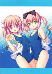 Rule 34 | 2girls, :d, absurdres, alpha (yukai na nakamatachi), bow, breasts, collarbone, covered navel, covered erect nipples, green eyes, hair bow, highres, letterboxed, looking at viewer, multiple girls, new school swimsuit, one-piece swimsuit, open mouth, original, pink eyes, pink hair, purple eyes, ribbon, school swimsuit, school uniform, serafuku, siblings, sisters, smile, swimsuit, swimsuit under clothes, takanashi sui, takanashi yui, twins, twintails, two side up, undressing