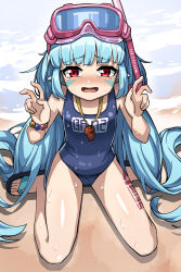 Rule 34 | 1girl, absurdres, ao (user xcnx5328), barcode, blue hair, blush, bracelet, facial tattoo, flat chest, guardian tales, highres, jewelry, little android aa72, long hair, looking at viewer, one-piece swimsuit, open mouth, outdoors, red eyes, sand, sitting, swimsuit, tattoo, tears, thighs, twintails, v, very long hair, wariza, water, wet, wet clothes