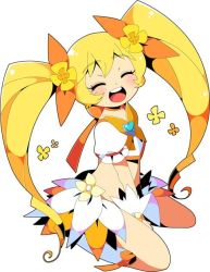 Rule 34 | 10s, 1girl, blonde hair, boots, bow, brooch, closed eyes, cure sunshine, hair ribbon, happy, heart, heart brooch, heartcatch precure!, jewelry, knee boots, kneeling, long hair, magical girl, midriff, myoudouin itsuki, mzh, orange bow, orange skirt, precure, ribbon, sitting, skirt, solo, twintails, wariza, white background