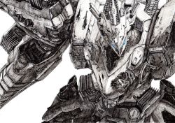 Rule 34 | absurdres, akira (mydictionary), armored core, armored core: for answer, ballpoint pen (medium), from software, glowing, glowing eyes, highres, mecha, mecha focus, no humans, robot, simple background, spot color, traditional media, white background, white glint