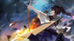 Rule 34 | 10s, 1girl, arrow (projectile), artist name, bad id, bad pixiv id, blurry, bow (weapon), brown hair, depth of field, drawing bow, explosion, flight deck, from behind, holding bow (weapon), kaga (kancolle), kantai collection, outstretched arm, ponytail, profile, quiver, solo, swd3e2, weapon, yellow eyes