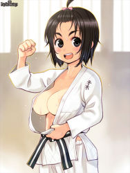 Rule 34 | 1girl, areola slip, black eyes, black hair, blush, breasts, character request, clenched hand, large breasts, logo, long sleeves, looking at viewer, no bra, non-web source, official art, open clothes, open mouth, psychic hearts, round teeth, ryoji (nomura ryouji), short hair, smile, solo, standing, sweat, teeth, topknot