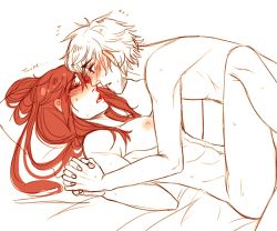 Rule 34 | 1boy, 1girl, bed, blonde hair, blush, breasts, closed eyes, couple, hetero, intertwined hands, jaune arc, long hair, lowres, nipples, nude, partially colored, pyrrha nikos, red hair, rwby, sex