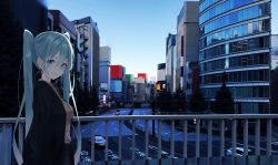 Rule 34 | 1girl, aqua eyes, aqua hair, black jacket, brown shirt, building, car, cityscape, earrings, from side, handrail, hatsune miku, highres, highway, jacket, jewelry, kazuna (kazzzuna), long hair, looking at viewer, looking to the side, motor vehicle, photo-referenced, police car, road, shirt, smile, solo, standing, street, twintails, upper body, very long hair, vocaloid