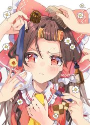 Rule 34 | 1girl, ascot, azuma aya, blush, bottle, bow, brown hair, candy, checkerboard cookie, closed mouth, comb, commentary, cookie, cosmetics, detached sleeves, flower, food, frilled shirt collar, frills, frown, groom, hair bow, hair rollers, hakurei reimu, holding, holding lipstick tube, holding ribbon, lipstick tube, long hair, out of frame, powder puff, red bow, red eyes, red vest, ribbon, solo, sweatdrop, symbol-only commentary, touhou, upper body, vest, white flower, white sleeves, yellow ascot