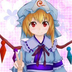 Rule 34 | 1girl, armband, bad id, bad pixiv id, blonde hair, bug, butterfly, checkered background, cherry blossoms, cosplay, female focus, flandre scarlet, hat, insect, japanese clothes, kimono, light smile, looking at viewer, obi, pink background, red eyes, saigyouji yuyuko, saigyouji yuyuko (cosplay), sash, short hair, side ponytail, solo, touhou, triangular headpiece, v, wings, yamai tsuki