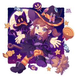 Rule 34 | 1boy, 1girl, :d, a hat in time, ankle boots, artist name, badge, black dress, black footwear, black headwear, blue eyes, blush, boots, bow, broom, broom riding, brown hair, cakehcr, candy, cat, colored shoe soles, dress, fang, fangs, floating, flying, food, full body, full moon, ghost, halloween, halloween costume, hat, hat kid, hat ornament, highres, jack-o&#039;-lantern, lollipop, looking at viewer, moon, night, night sky, open mouth, outside border, outstretched arms, paw pose, ponytail, purple bow, shoe soles, sidelocks, sky, smile, snatcher (a hat in time), spirit, spread arms, star (symbol), striped clothes, striped thighhighs, test tube, test tube rack, thighhighs, whiskers, white background, witch, witch hat