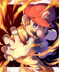 Rule 34 | 1boy, blue overalls, brown hair, facial hair, fire, gloves, hat, looking at viewer, male focus, mario, mario (series), mustache, nintendo, overalls, red hat, solo, super smash bros., ten (tenchan man), white gloves