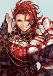 Rule 34 | 1boy, armor, granblue fantasy, hungry clicker, looking at viewer, male focus, manly, pauldrons, percival (granblue fantasy), red eyes, red hair, shoulder armor, simple background, smile, solo