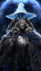 Rule 34 | 1boy, 1girl, absurdres, animal head, armor, blaidd the half-wolf, blue eyes, blue skin, breastplate, cape, cloak, closed mouth, colored skin, dopey (dopq), elden ring, full moon, fur cloak, furry, furry male, hat, highres, looking at viewer, moon, one eye closed, own hands together, purple eyes, ranni the witch, smile, witch hat