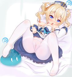 Rule 34 | 1futa, absurdres, artist request, barbara (genshin impact), blonde hair, blue eyes, blush, breasts, breasts out, bulge, feet, full-package futanari, futanari, genshin impact, highres, long hair, lying, nipples, pantyhose, penis, pillow, pussy, see-through, solo, testicles, toes